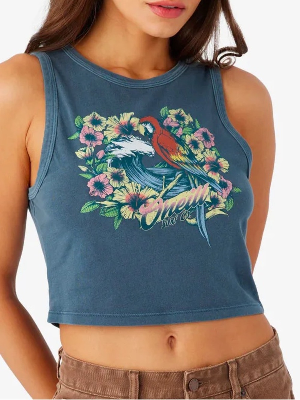 🌺 O’Neill 100% COTTON Tropical Parrot Floral Cropped Tank Top Gray XL